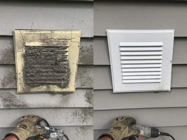 East Hampton Dryer Vent Cleaning technician installing high-quality dryer vent cover at a residential property in East Hampton