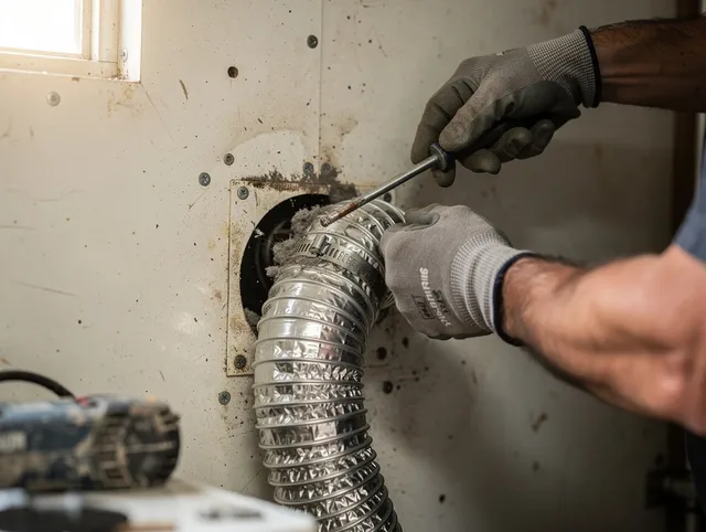 East Hampton Dryer Vent Cleaning technician performing precise dryer vent hose installation in East Hampton